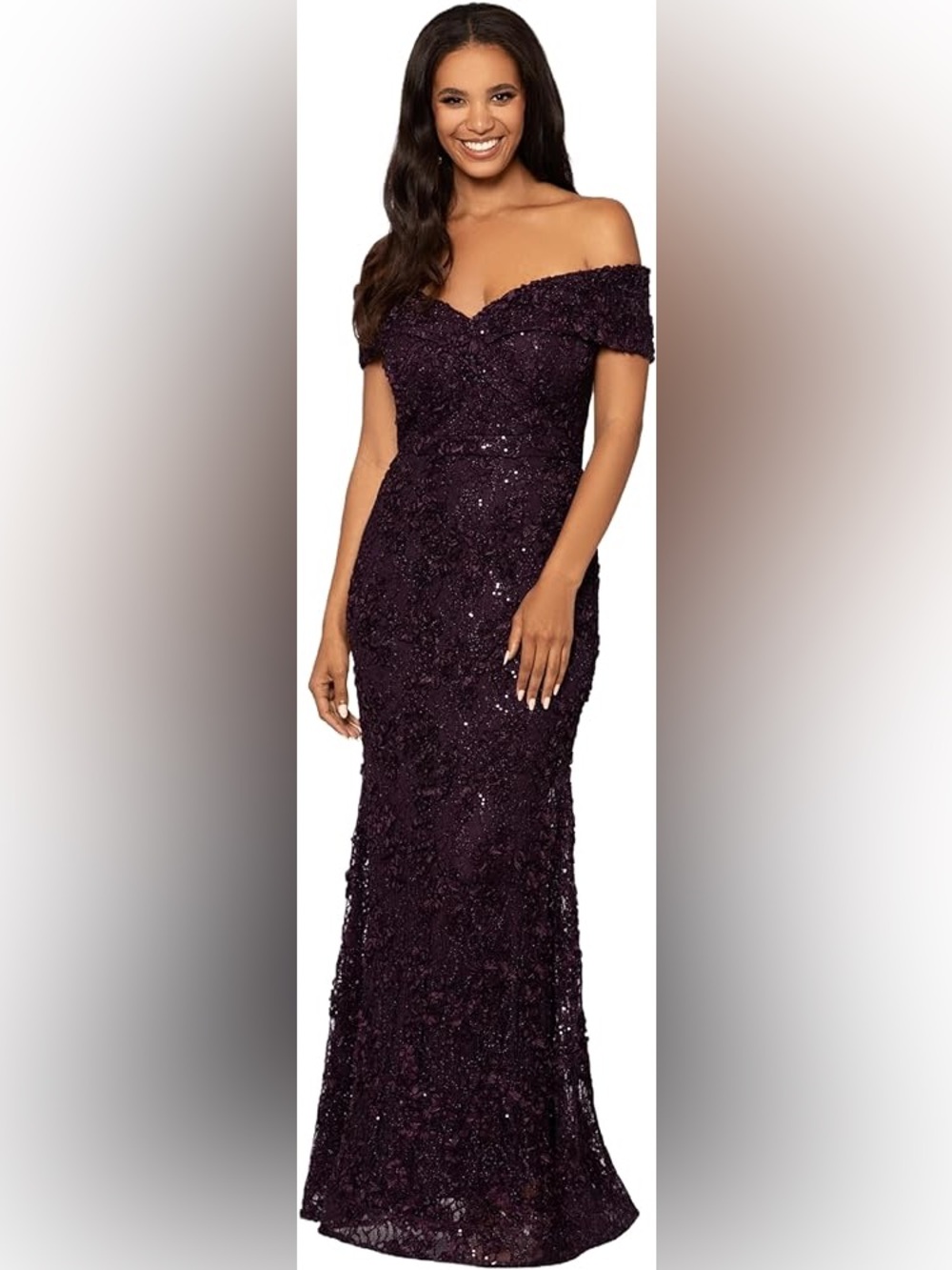 Xscape Off-Shoulder Lace Evening Gown in Deep Plum NWT!!!!